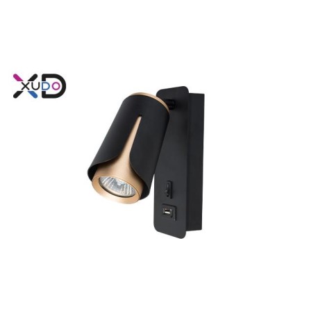 Sieninė skaitymo lempa GU10, juoda + auksinė, su USB jungtimi.