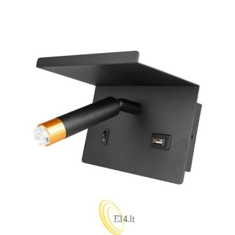 Skaitomasis sieninis šviestuvas Piero G9 su lentyna USB, juodas+auksinis