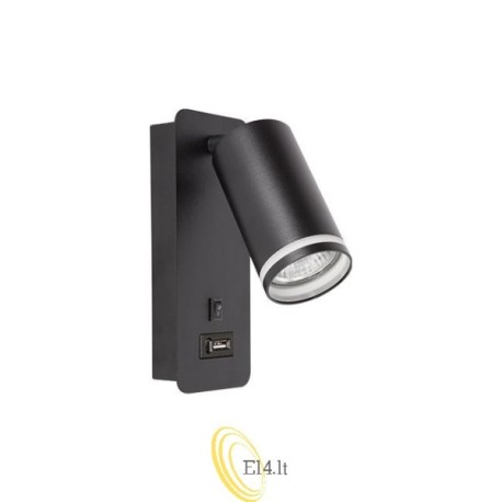 Skaitomasis sieninis šviestuvas Ring GU10 55 mm juodas USB A+ C