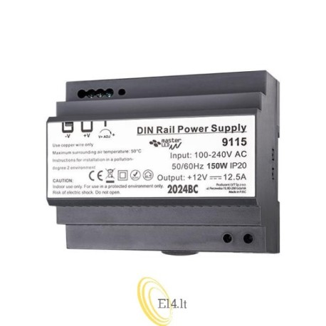 Maitinimo šaltinis DIN bėgiui 12V 150W 12.5A IP20